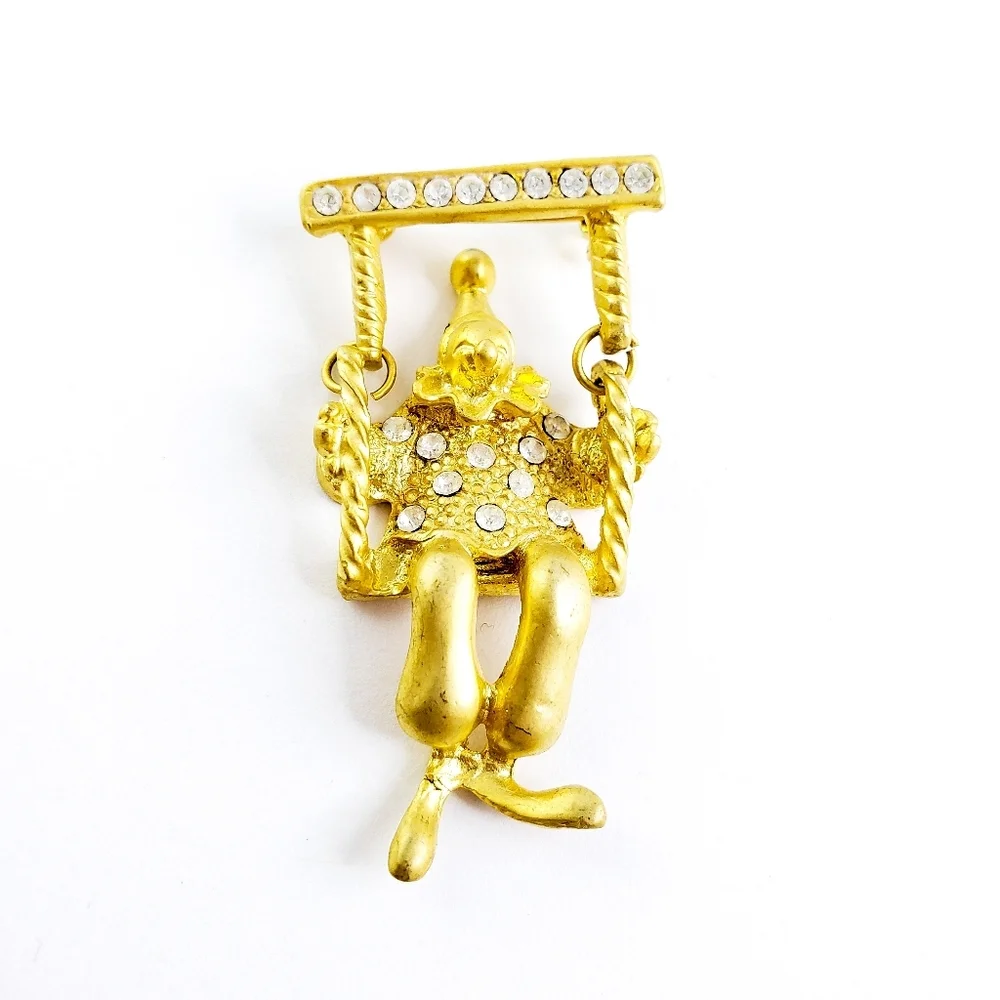 Vintage Brooch Clown Pin Gold + Rhinestones